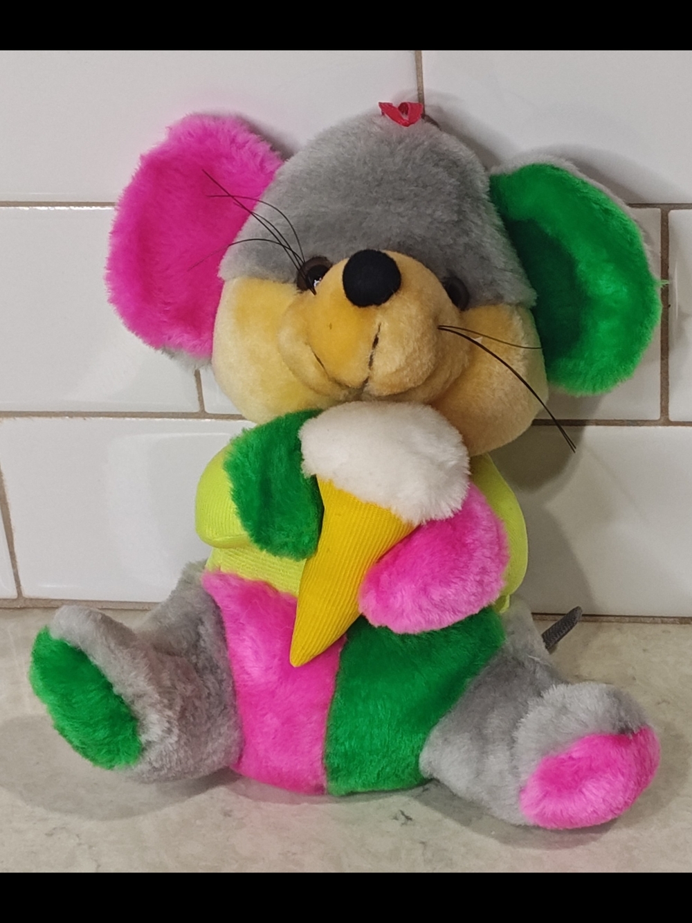 vintage 1980s 10-inch stuffed plush mouse toy with vibrant, multi-colored pastel